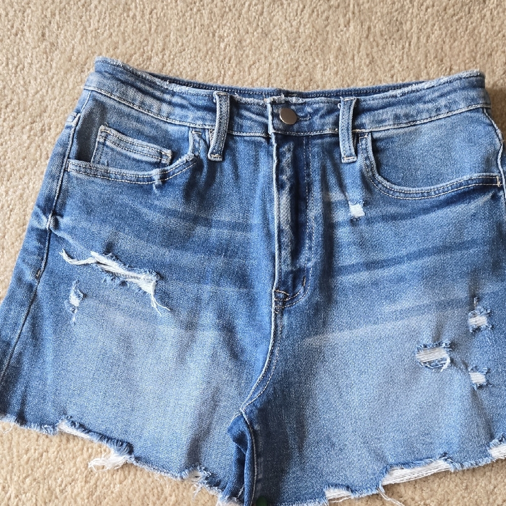 Altar'd State Distressed High-Rise Denim Shorts - Blue